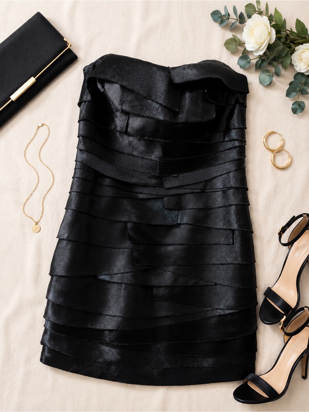 Bebe Black Strapless Tiered Ruffle Satin Mini Dress